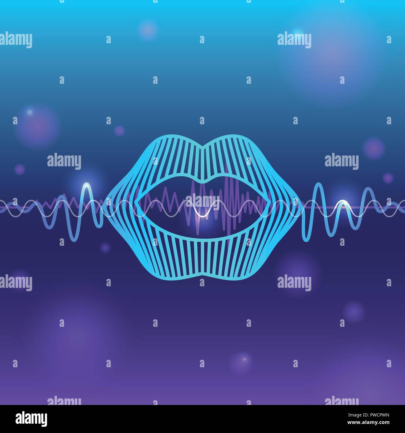 Il riconoscimento vocale illustrazione vettoriale Neon onda sonora a forma di bocca su sfocato astratto sfondo viola Illustrazione Vettoriale