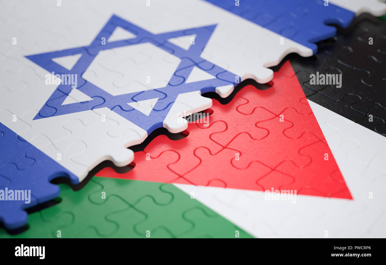 Bandiera di Israele contro la Palestina bandiera, su pezzi di un puzzle nel concetto di conflitto di confine. Foto Stock