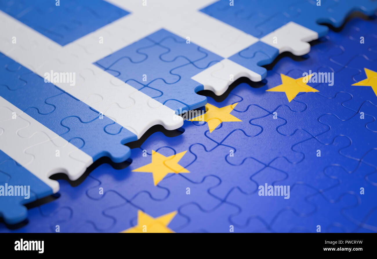 Bandiera della Grecia e l'Unione europea sotto forma di pezzi di un puzzle nel concetto di politica e unione economica. Foto Stock