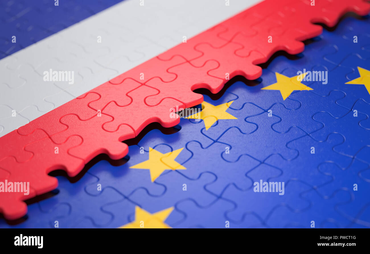 Bandiera della Francia e l'Unione europea sotto forma di pezzi di un puzzle nel concetto di politica e unione economica. Foto Stock