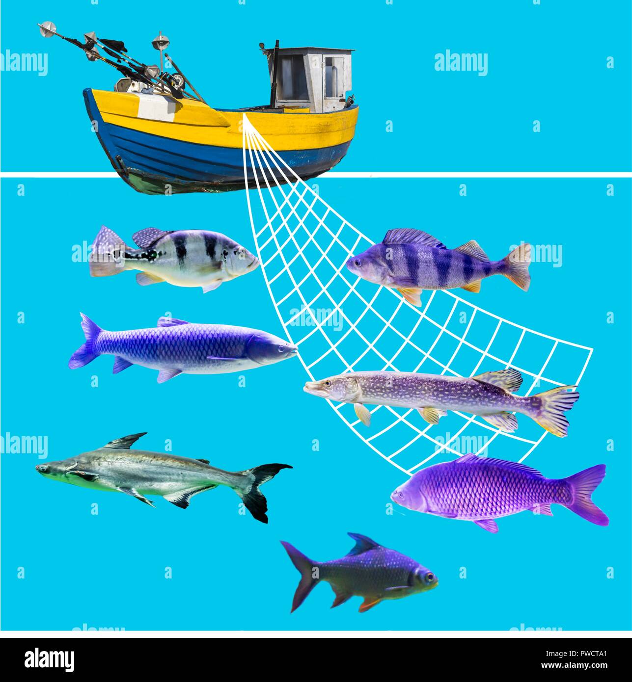 Concetto nautico con rete da pesca decorativa, barca in legno e pagaie.  Luogo all'aperto in stile marino per scattare foto Foto stock - Alamy