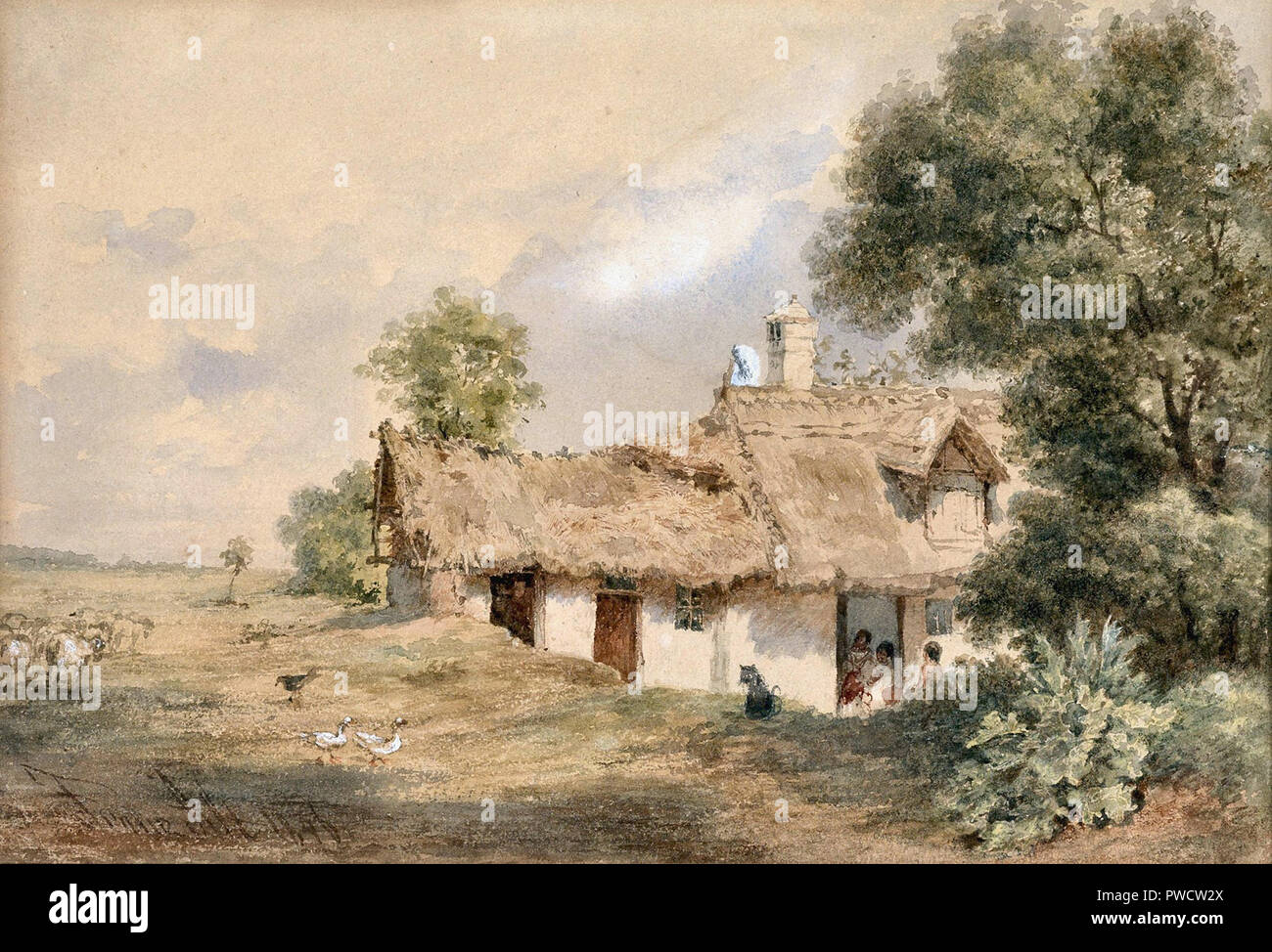 Franz Alt - Capanna con tetto di paglia di pecore e oche Foto Stock
