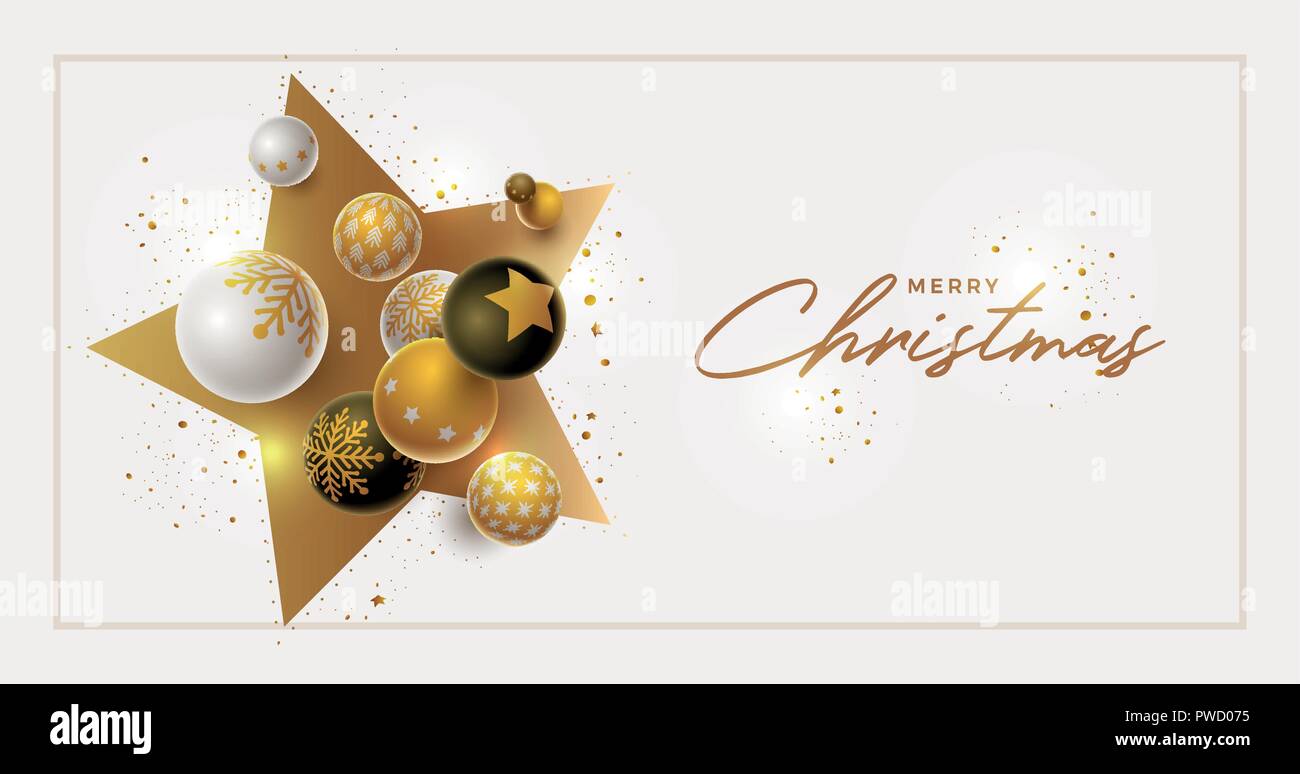 Vettore di Natale e Anno nuovo saluto design banner con 3d bianco, nero e oro palle di Natale. Pulire, sfondo bianco. Gli elementi sono layered sepa Illustrazione Vettoriale