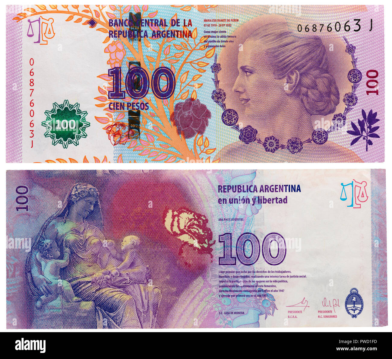 100 pesos banconota, Maria Eva Duarte de Peron, Ara Pacis Augustae, Argentina Foto Stock