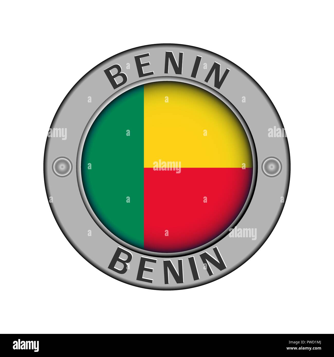 Rotondo di metallo medaglione con il nome del paese del Benin e un indicatore rotondo nel centro Illustrazione Vettoriale