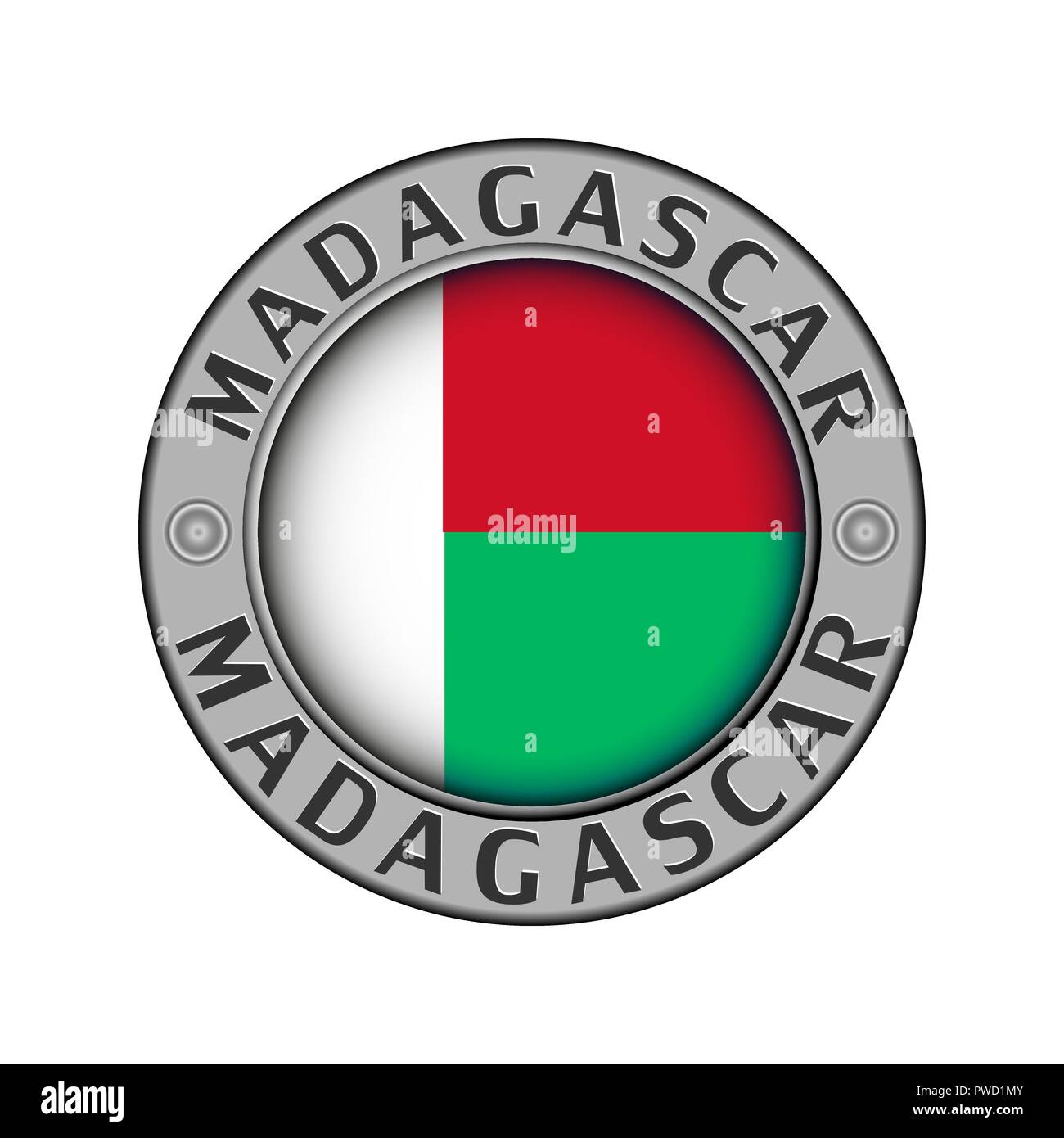 Rotondo di metallo medaglione con il nome del paese del Madagascar e una bandiera rotonda nel centro Illustrazione Vettoriale