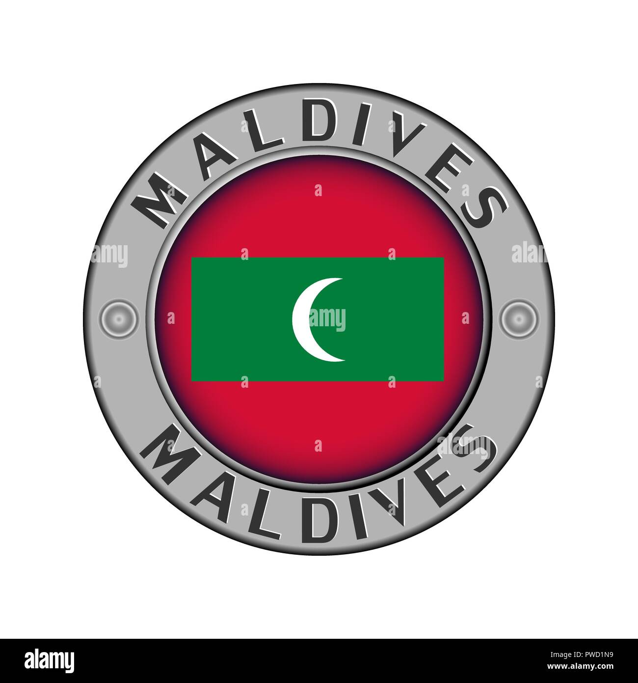 Rotondo di metallo medaglione con il nome del paese di Maldive e un indicatore rotondo nel centro Illustrazione Vettoriale