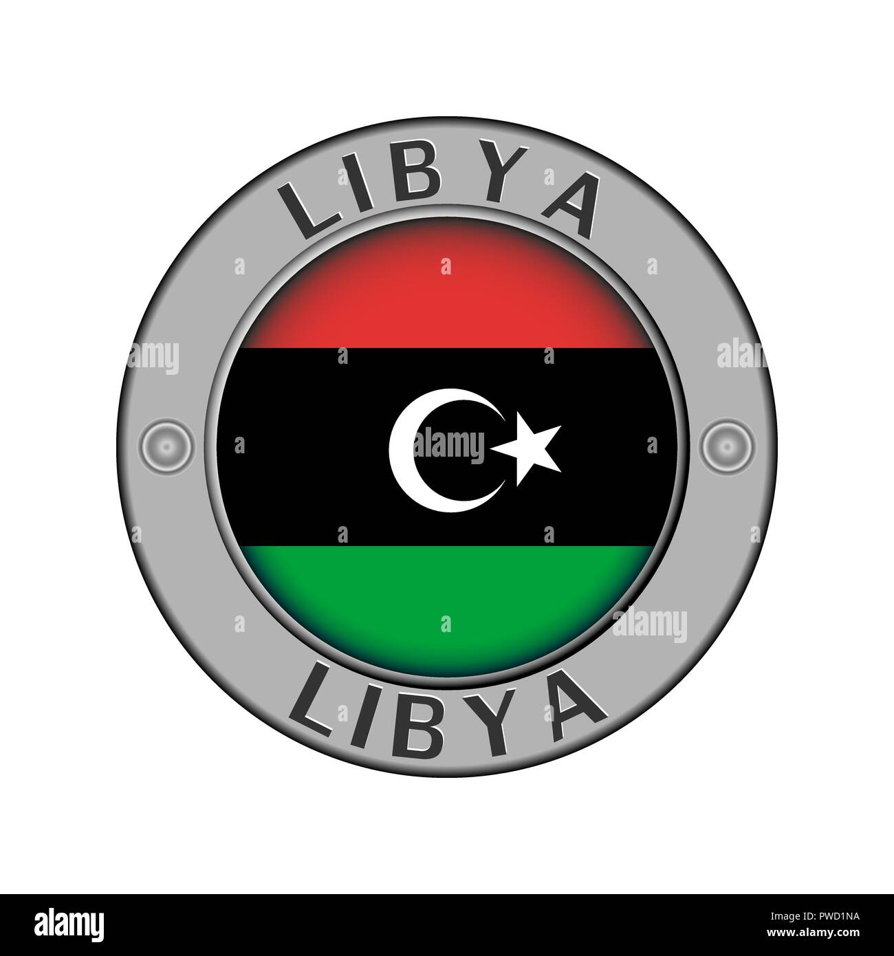 Rotondo di metallo medaglione con il nome del paese di Libia e un indicatore rotondo nel centro Illustrazione Vettoriale