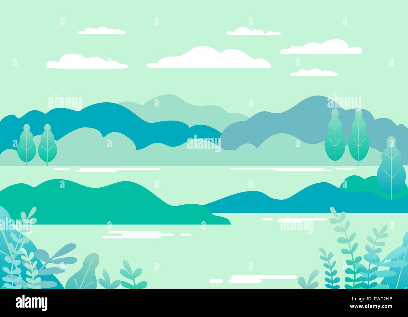 Villaggio paesaggio nel piatto alla moda e stile lineare illustrazione vettoriale. Montagne e colline, lago, fiori e alberi e sfondo astratto con copia spa Illustrazione Vettoriale