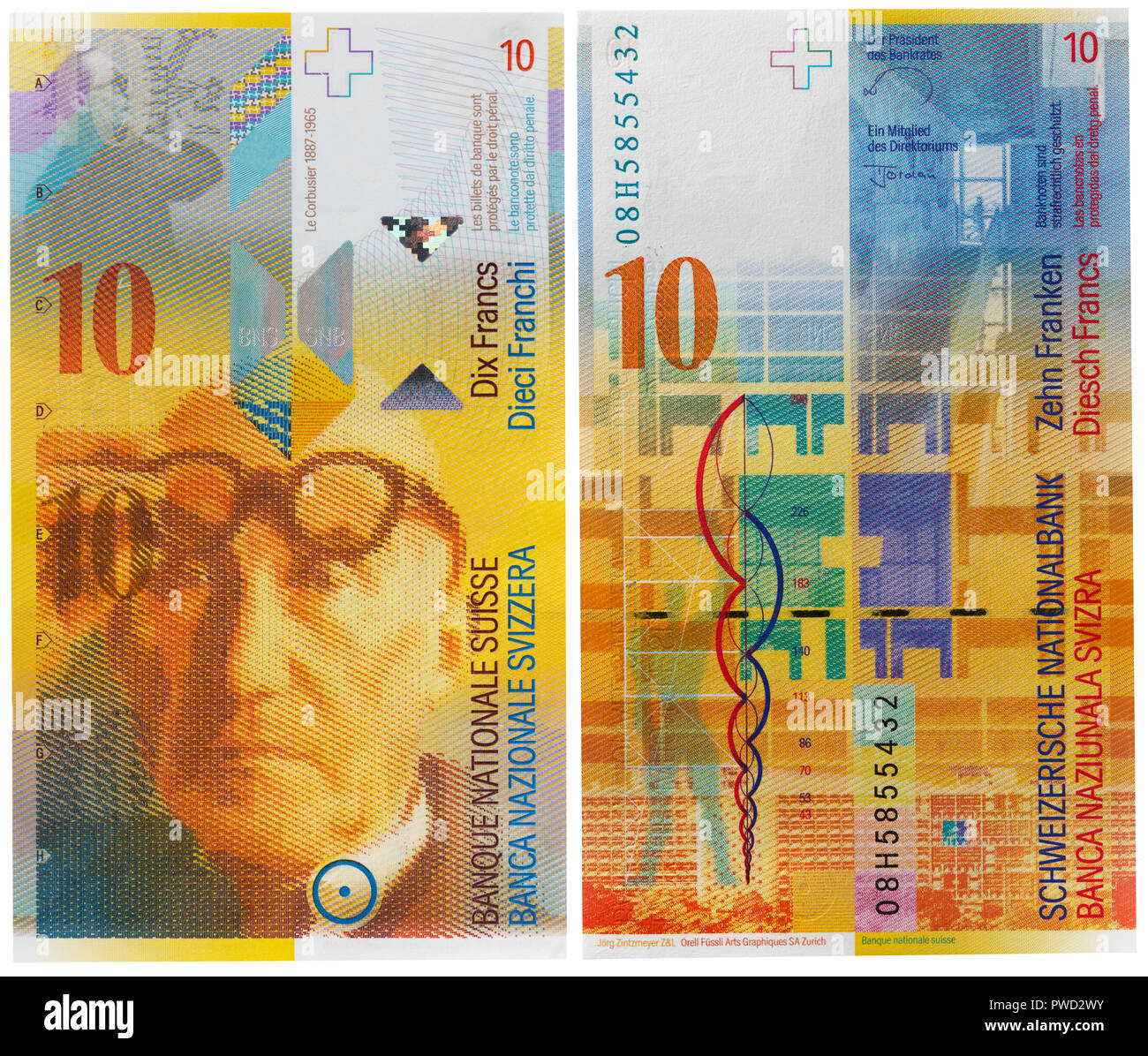 10 franchi banconota, Le Corbusier, Svizzera, 1997 Foto Stock