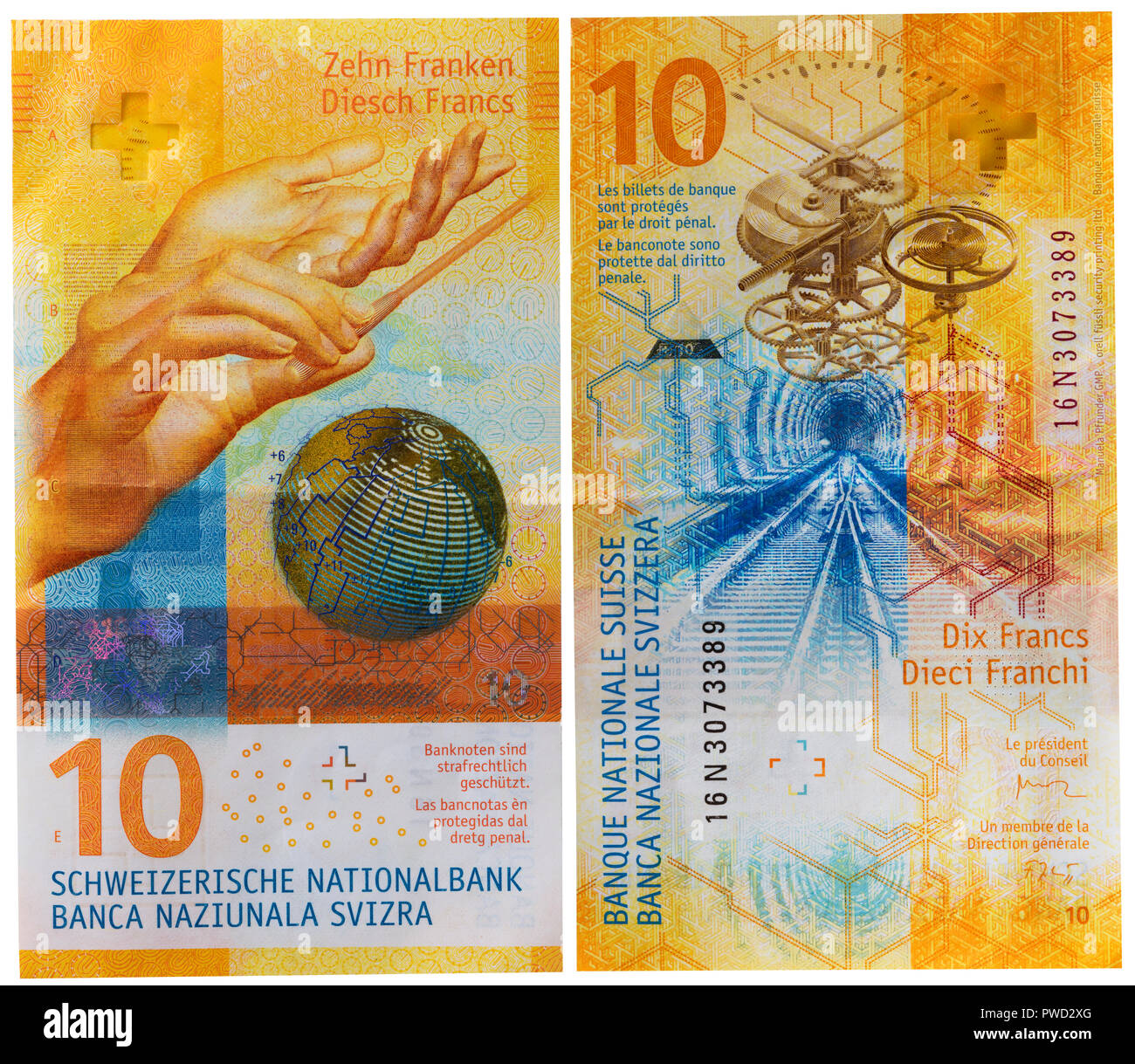 10 franchi banconota, mani baton, Svizzera, 2017 Foto Stock