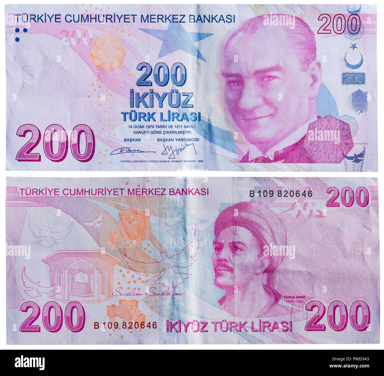 200 lira banconota, Mustafa Kemal Ataturk, Yunus Emre, Turchia, 2009 Foto Stock