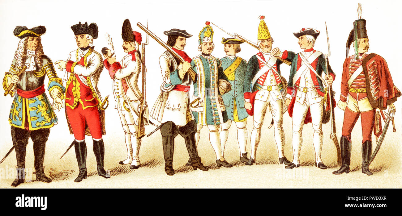 Le figure rappresentate qui ci sono tutti i tedeschi e sono, da sinistra a destra: un generale austriaco nel 1700; un generale austriaco nel 1770, un granatiere austriaco nel 1748, un Brandenberg cuirassier nel 1700, prussiano musicista di fanteria in 1704, prussiano uomo di artiglieria nel 1708, un granatiere prussiano nel 1756, una fanteria prussiana nel 1741, e un ussaro. L'illustrazione risale al 1882. Foto Stock