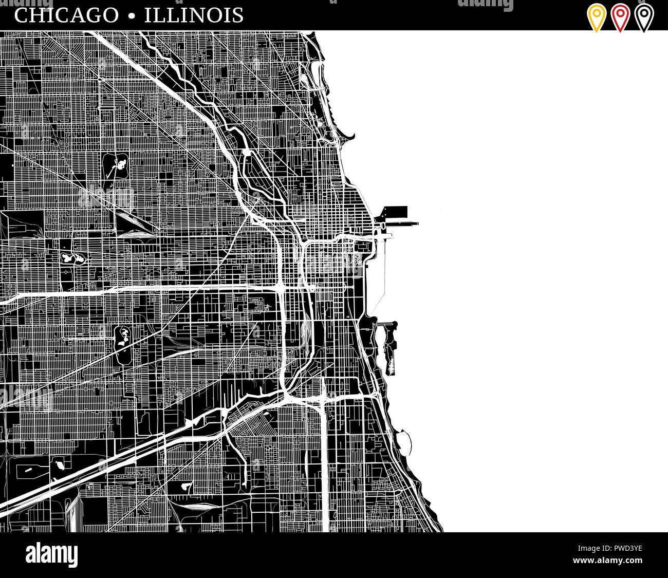 Mappa semplice di Chicago, Illinois, Stati Uniti d'America. Versione in bianco e nero per pulire gli sfondi e le stampe. Questa mappa di Chicago contiene tre marcatori che sono gro Illustrazione Vettoriale