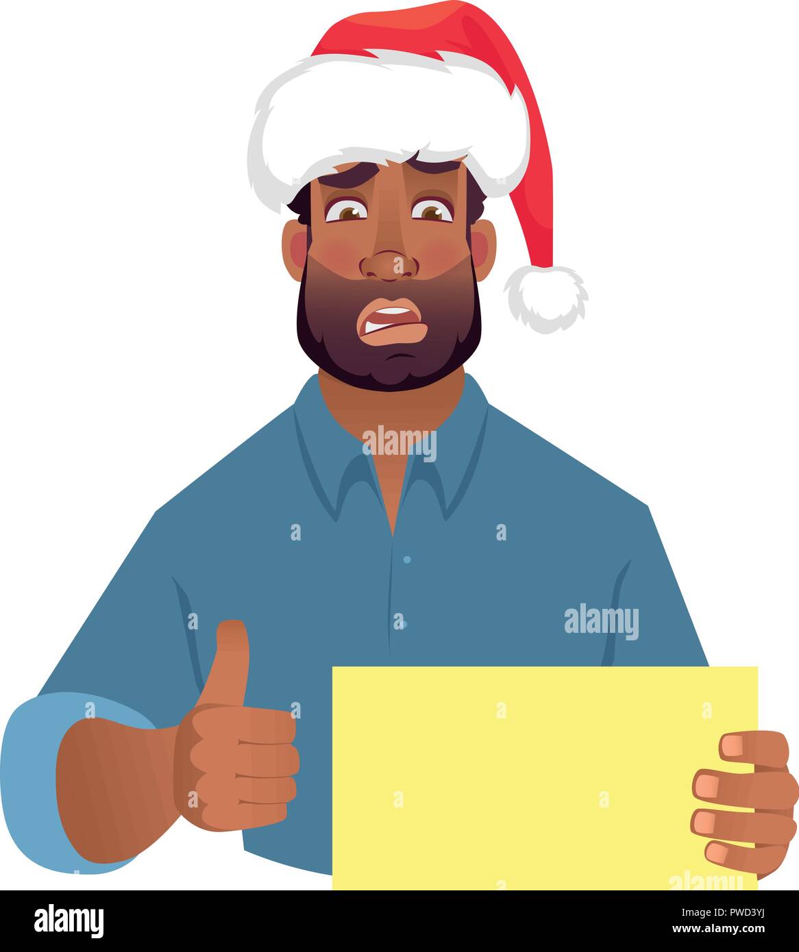 L'uomo africano nel cappello di Natale tenendo la scheda vuota. African American uomo con il pollice in su. Illustrazione Vettoriale Illustrazione Vettoriale