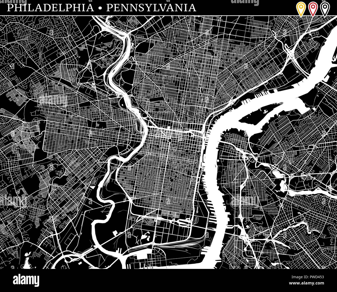 Mappa semplice di Philadelphia, Pennsylvania, USA. Versione in bianco e nero per pulire gli sfondi e le stampe. Questa mappa di Philadelphia contiene tre marke Illustrazione Vettoriale