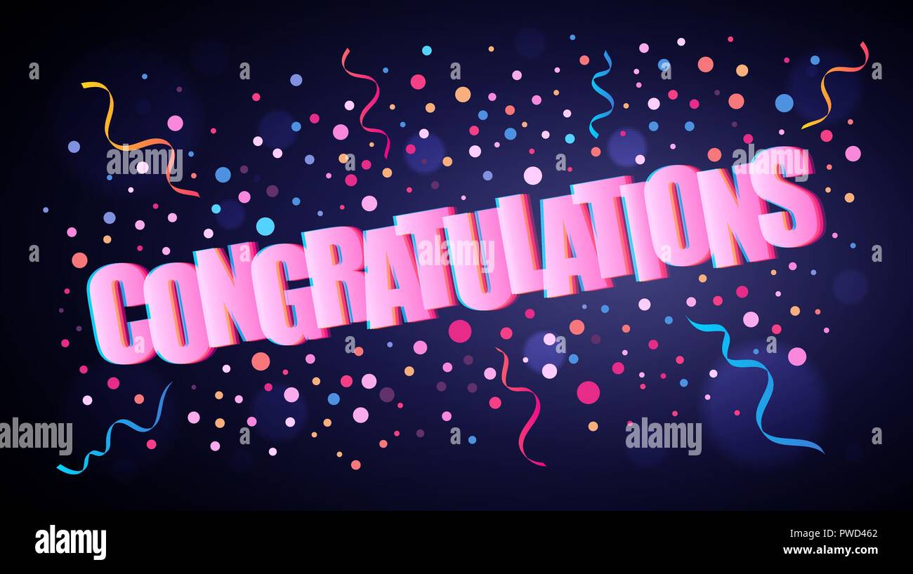 Congratulazioni festosa di sovrapposizione di scritte con colorati round coriandoli sopra di viola scuro sfondo per la progettazione grafica e web Illustrazione Vettoriale