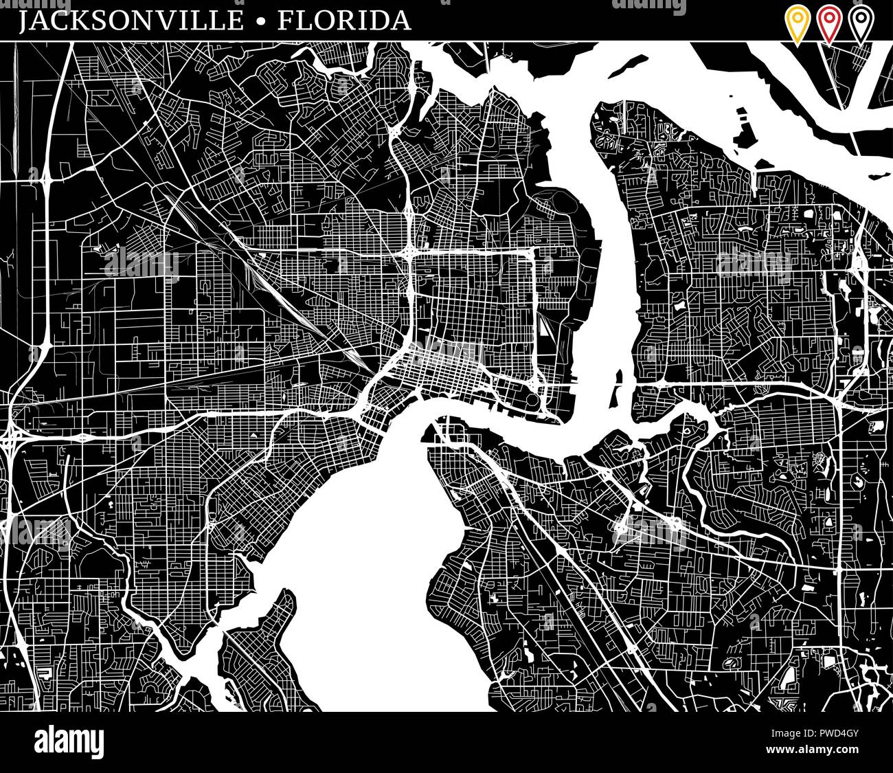 Mappa semplice di Jacksonville, Florida, Stati Uniti d'America. Versione in bianco e nero per pulire gli sfondi e le stampe. Questa mappa di Jacksonville contiene tre marcatori wh Illustrazione Vettoriale