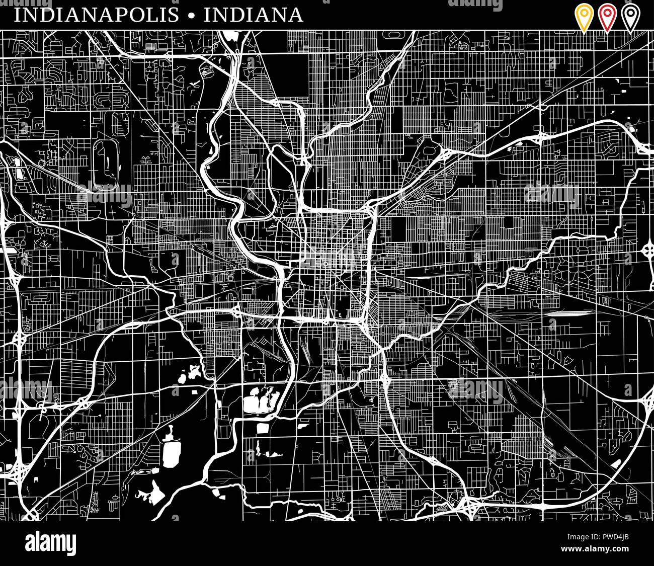 Mappa semplice di Indianapolis, Indiana, Stati Uniti d'America. Versione in bianco e nero per pulire gli sfondi e le stampe. Questa mappa di Indianapolis contiene tre marcatori wh Illustrazione Vettoriale