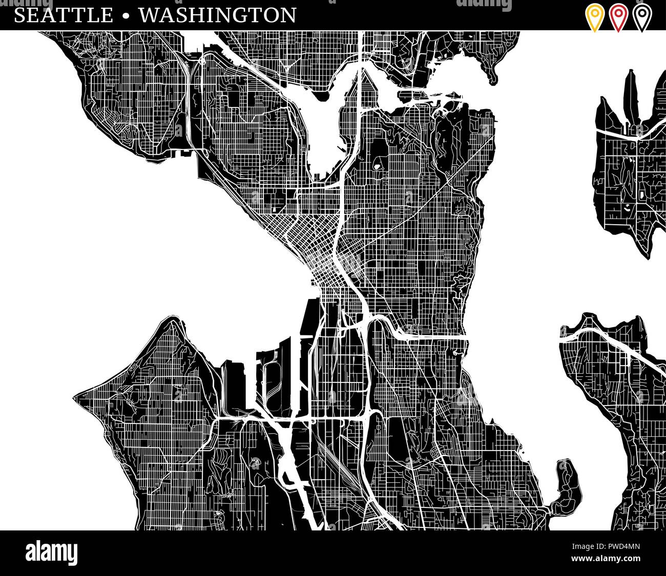 Mappa semplice di Seattle, Washington, Stati Uniti d'America. Versione in bianco e nero per pulire gli sfondi e le stampe. Questa mappa di Seattle contiene tre marcatori che sono g Illustrazione Vettoriale