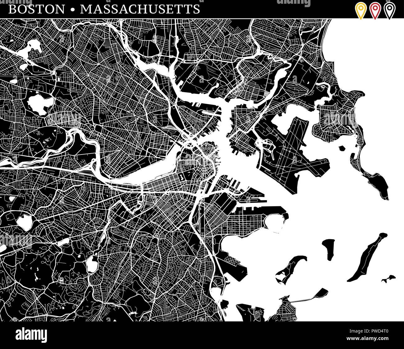 Mappa semplice di Boston, Massachusetts, USA. Versione in bianco e nero per pulire gli sfondi e le stampe. Questa mappa di Boston contiene tre marcatori chi sono Illustrazione Vettoriale