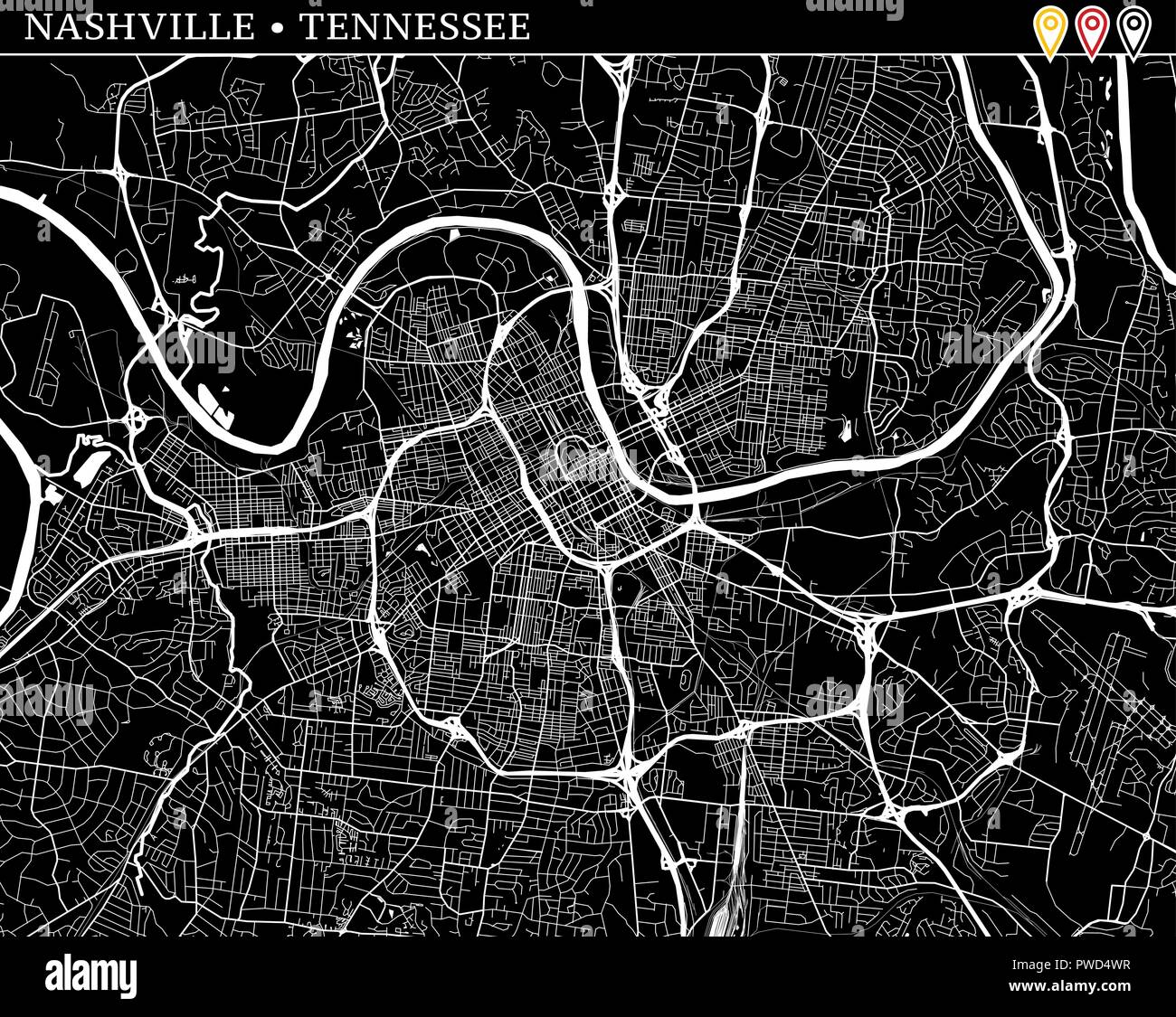 Mappa semplice di Nashville, Tennessee, Stati Uniti d'America. Versione in bianco e nero per pulire gli sfondi e le stampe. Questa mappa di Nashville contiene tre marcatori che ar Illustrazione Vettoriale