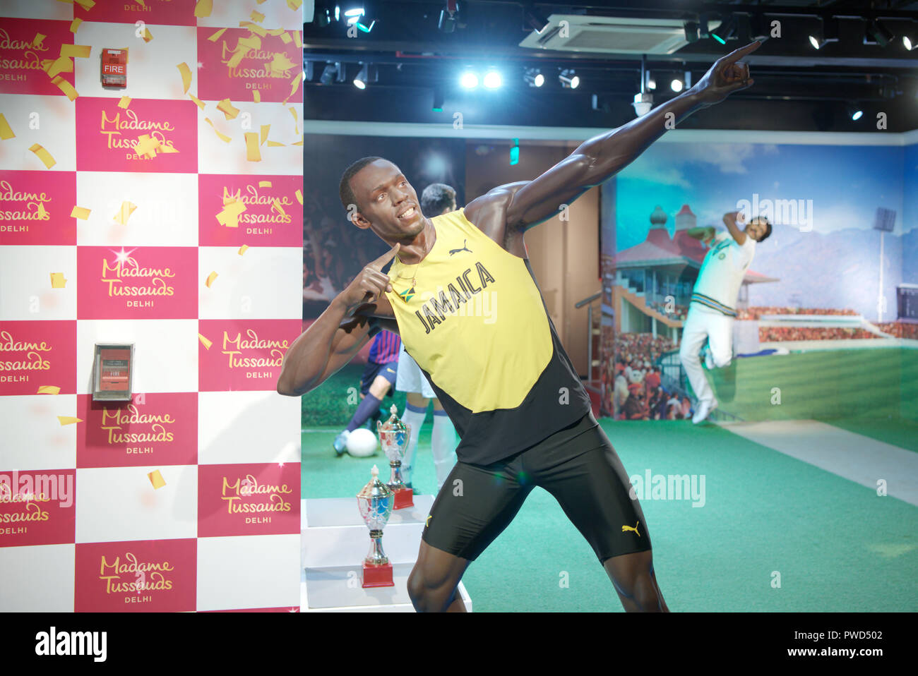Cera figura del velocista giamaicana Usain Bolt presso il museo di Madame Tussauds, Delhi Foto Stock