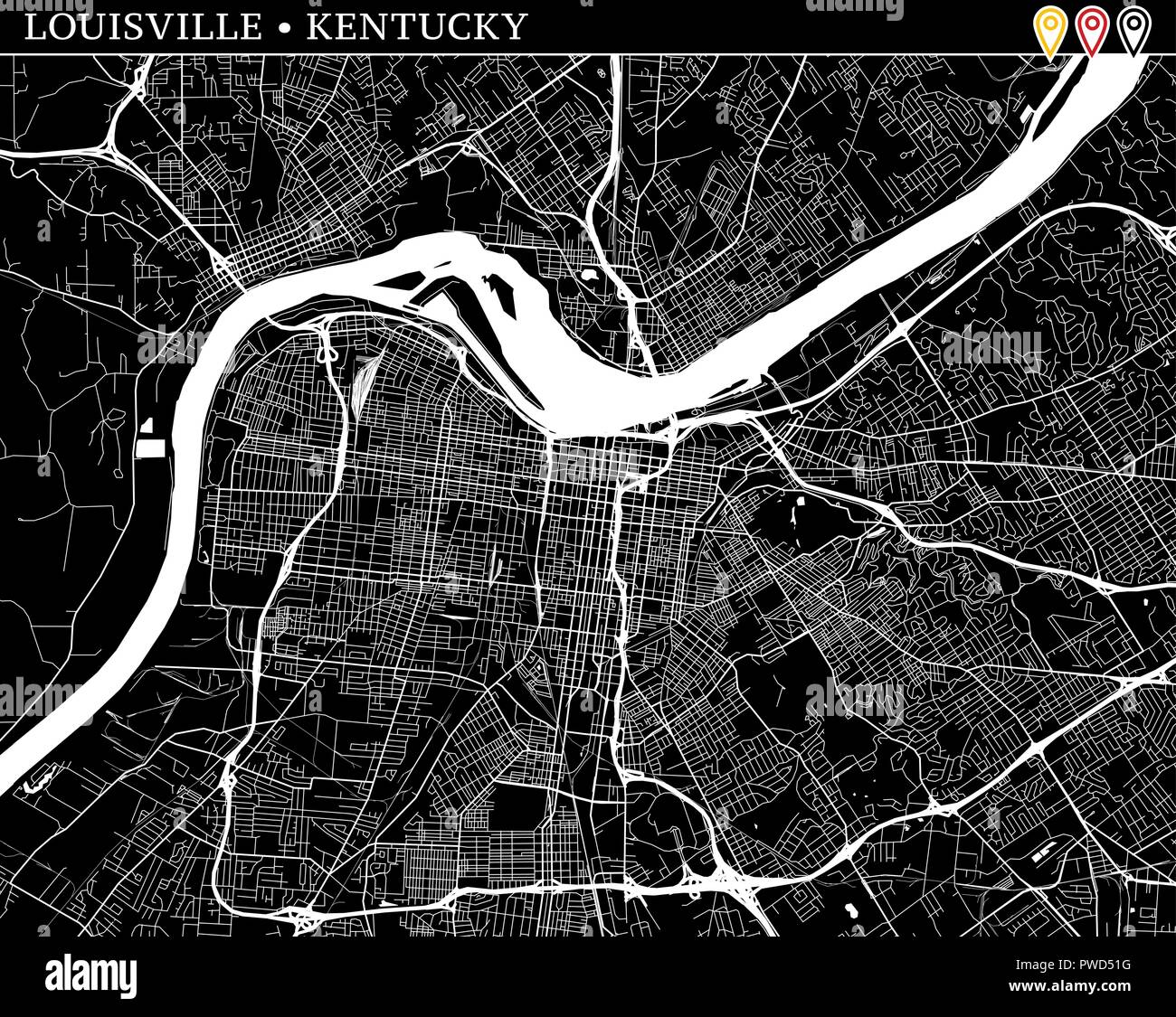 Mappa semplice di Louisville, Kentucky, Stati Uniti d'America. Versione in bianco e nero per pulire gli sfondi e le stampe. Questa mappa di Louisville contiene tre marcatori che un Illustrazione Vettoriale