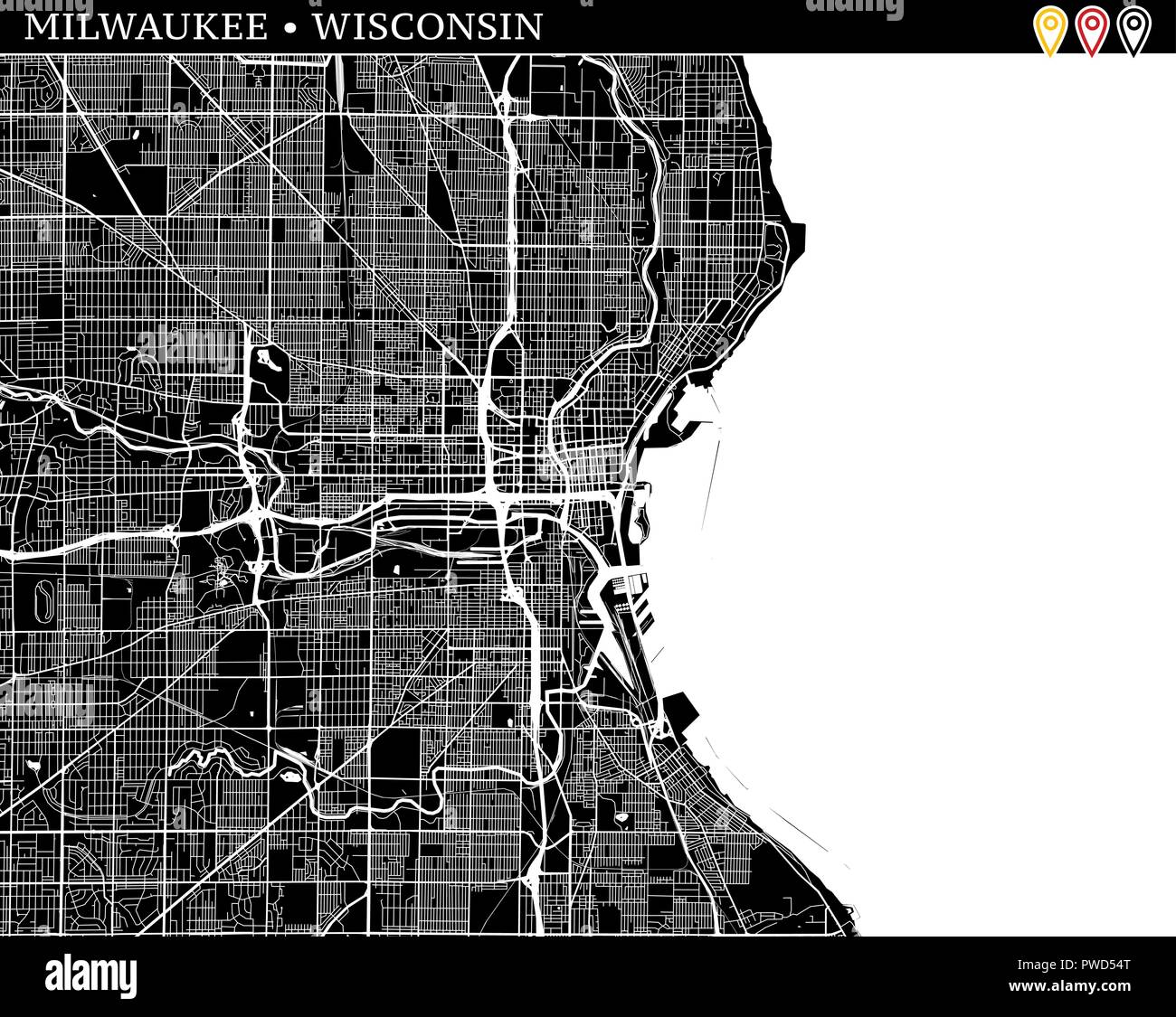 Mappa semplice di Milwaukee, Wisconsin, Stati Uniti d'America. Versione in bianco e nero per pulire gli sfondi e le stampe. Questa mappa di Milwaukee contiene tre marcatori che ar Illustrazione Vettoriale