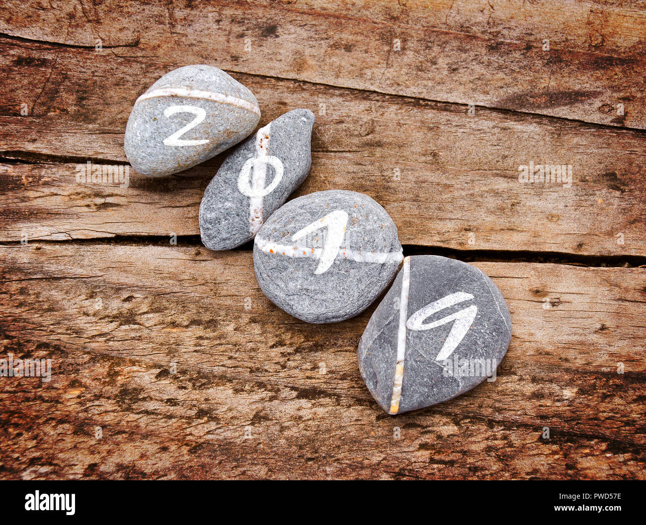 2019 scritto su un lign di pietre su un sfondo di legno Foto Stock