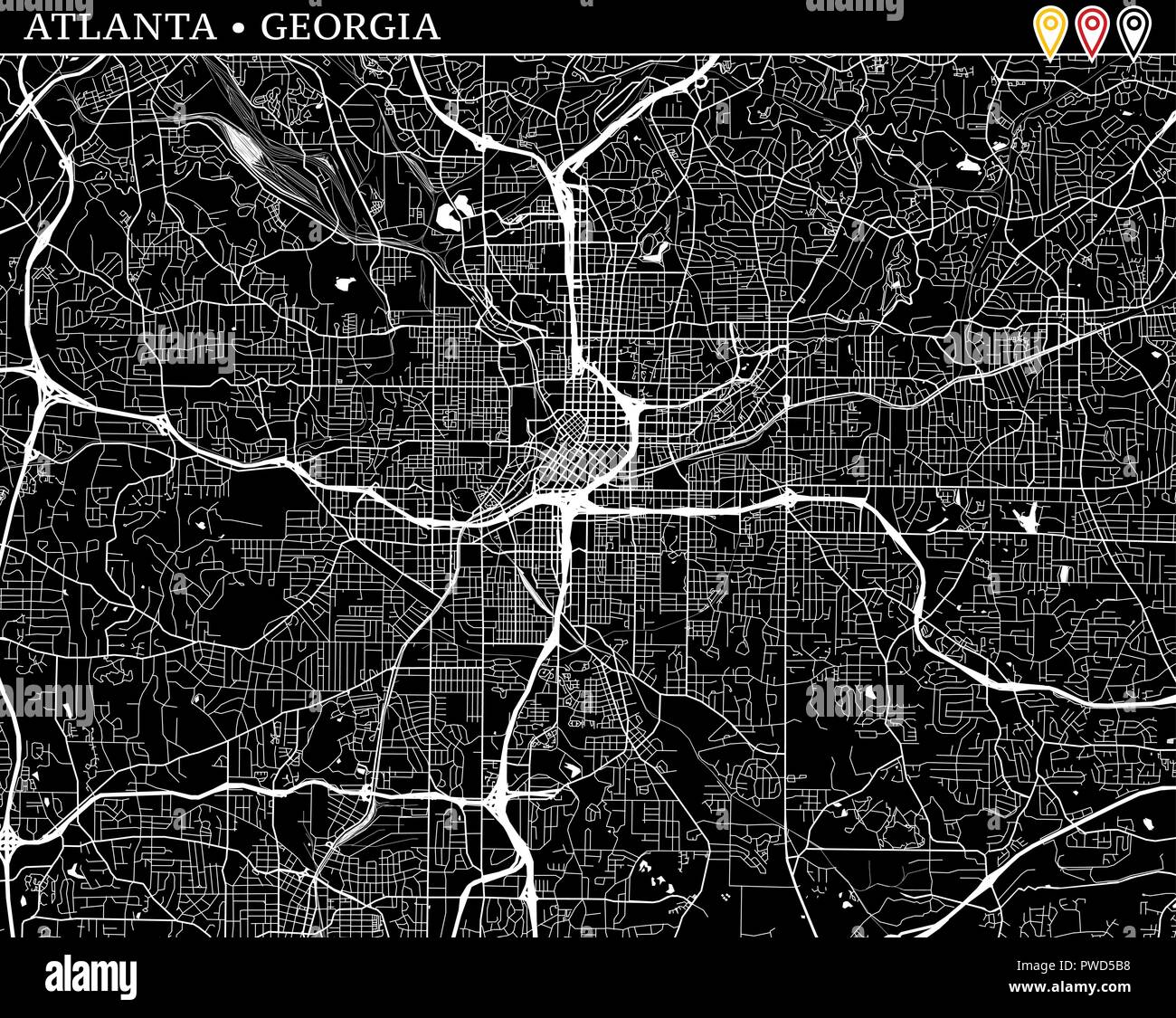 Mappa semplice di Atlanta, Georgia, Stati Uniti d'America. Versione in bianco e nero per pulire gli sfondi e le stampe. Questa mappa di Atlanta contiene tre marcatori che sono grou Illustrazione Vettoriale