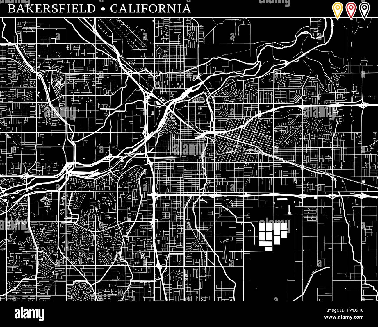 Mappa semplice di Bakersfield, California, Stati Uniti d'America. Versione in bianco e nero per pulire gli sfondi e le stampe. Questa mappa di Bakersfield contiene tre marcatori w Illustrazione Vettoriale