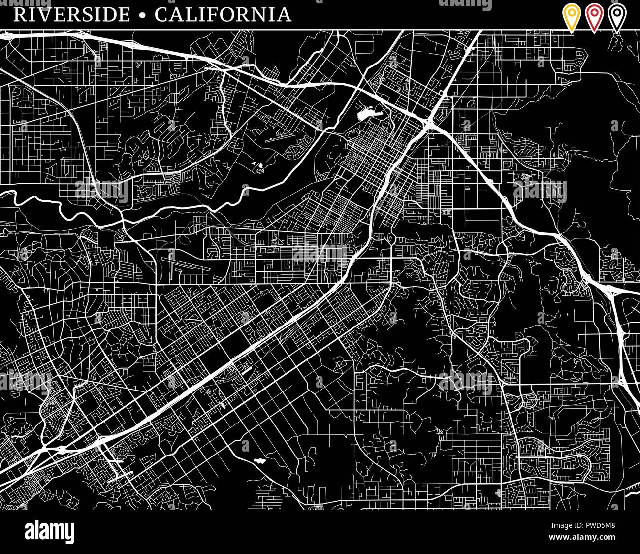 Mappa semplice di Riverside, California, Stati Uniti d'America. Versione in bianco e nero per pulire gli sfondi e le stampe. Questa mappa di Riverside contiene tre marcatori che un Illustrazione Vettoriale