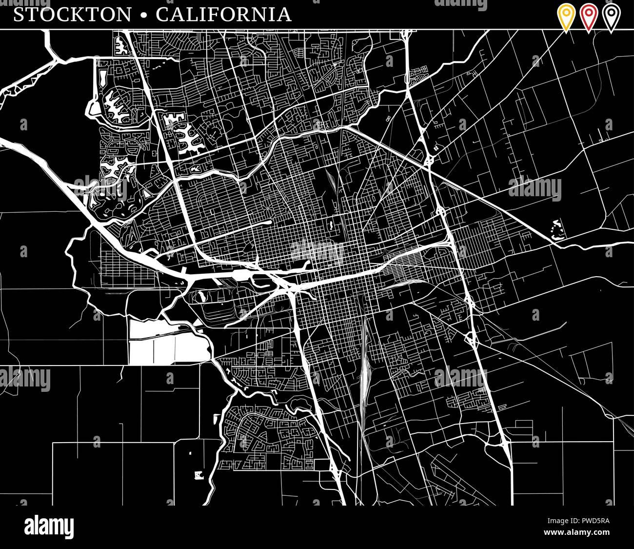Mappa semplice di Stockton, California, Stati Uniti d'America. Versione in bianco e nero per pulire gli sfondi e le stampe. Questa mappa di Stockton contiene tre marcatori chi sono Illustrazione Vettoriale