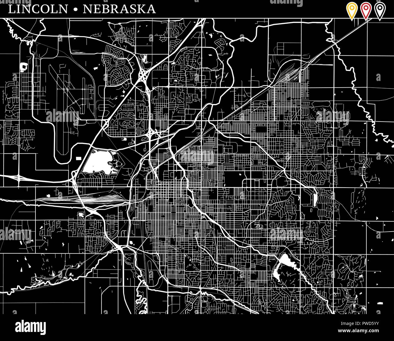 Mappa semplice di Lincoln, Nebraska, Stati Uniti d'America. Versione in bianco e nero per pulire gli sfondi e le stampe. Questa mappa di Lincoln contiene tre marcatori che sono gro Illustrazione Vettoriale