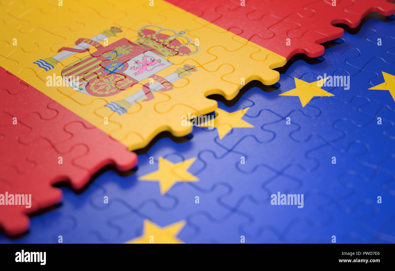 Bandiera della Spagna e dell'Unione europea sotto forma di pezzi di un puzzle nel concetto di politica e unione economica. Foto Stock