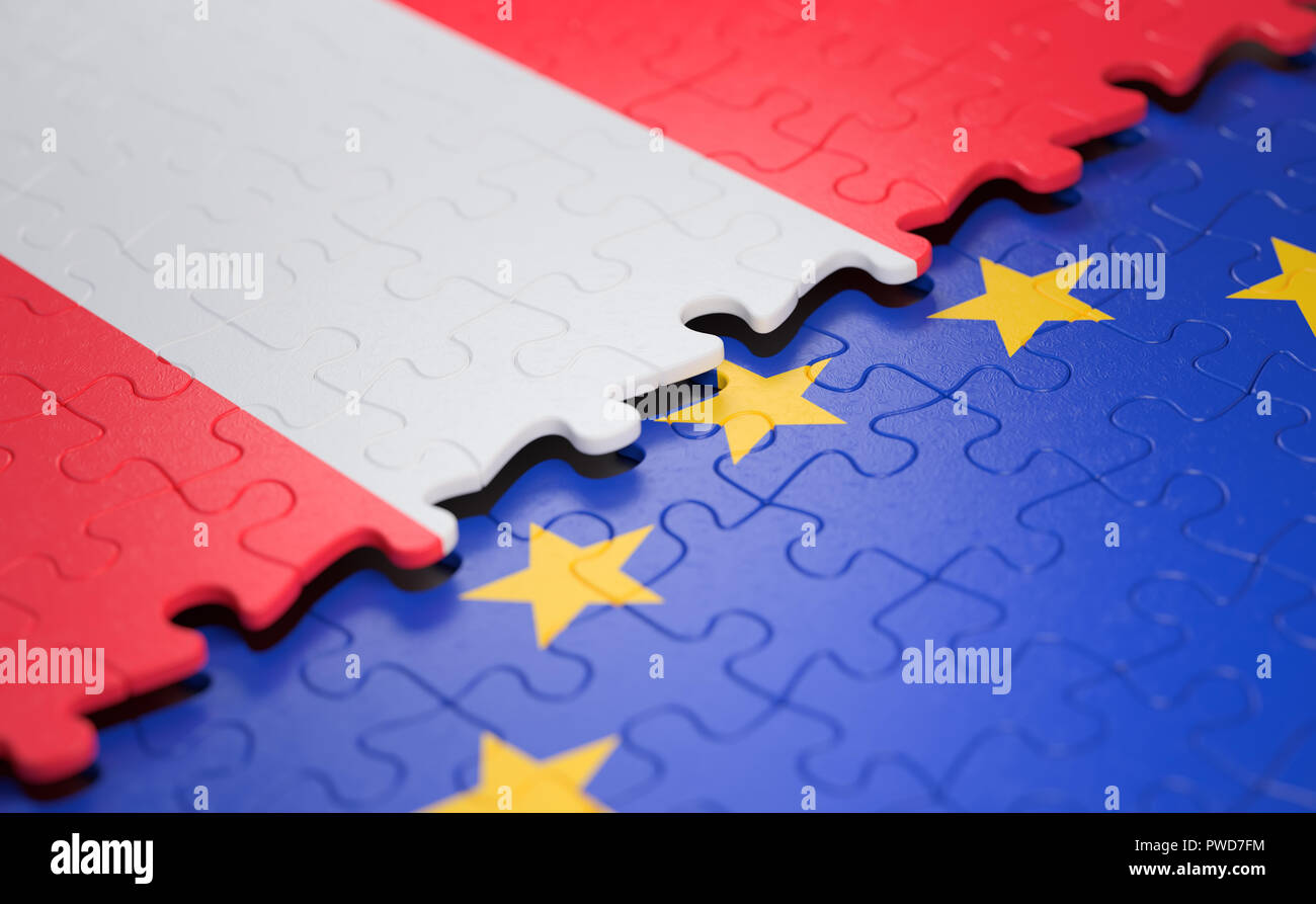 Bandiera dell'Austria e l'Unione europea sotto forma di pezzi di un puzzle nel concetto di politica e unione economica. Foto Stock