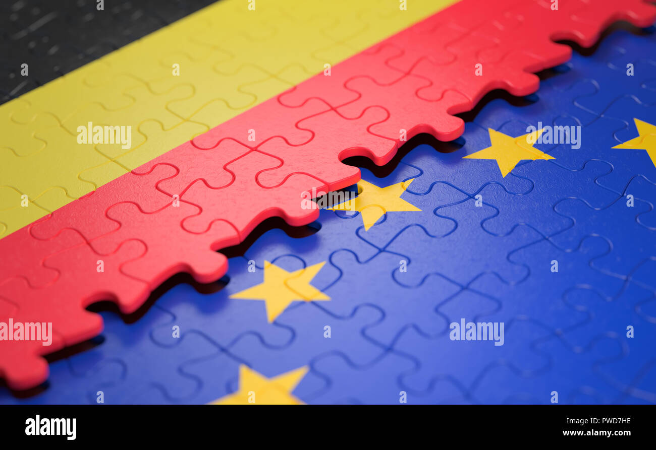 Bandiera del Belgio e l'Unione europea sotto forma di pezzi di un puzzle nel concetto di politica e unione economica. Foto Stock