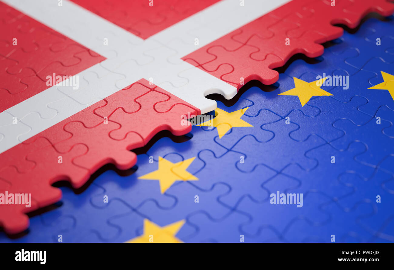 Bandiera della Danimarca e l'Unione europea sotto forma di pezzi di un puzzle nel concetto di politica e unione economica. Foto Stock