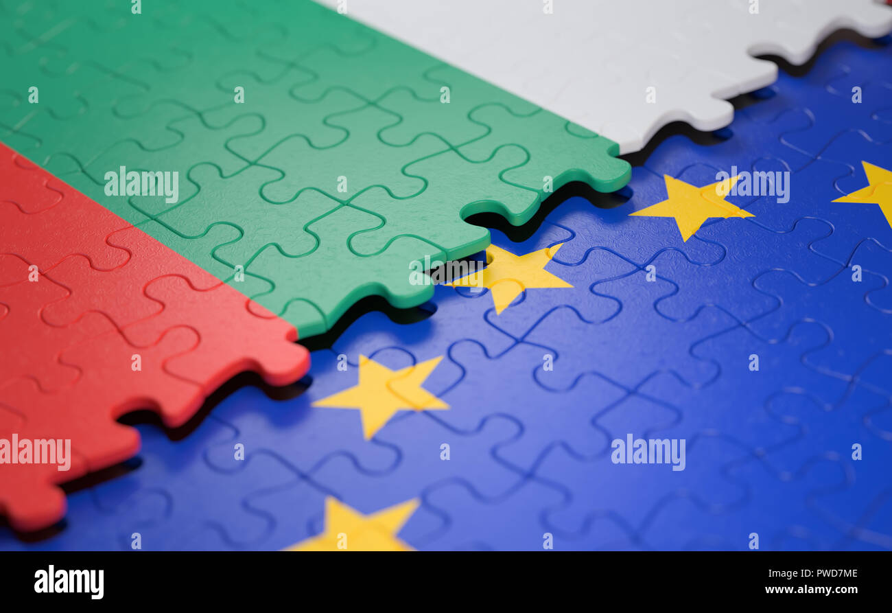 Bandiera della Bulgaria e dell'Unione europea sotto forma di pezzi di un puzzle nel concetto di politica e unione economica. Foto Stock