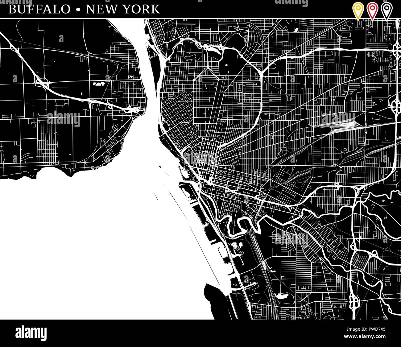 Mappa semplice di Buffalo, New York, Stati Uniti d'America. Versione in bianco e nero per pulire gli sfondi e le stampe. Questa mappa di Buffalo contiene tre marcatori che sono gro Illustrazione Vettoriale