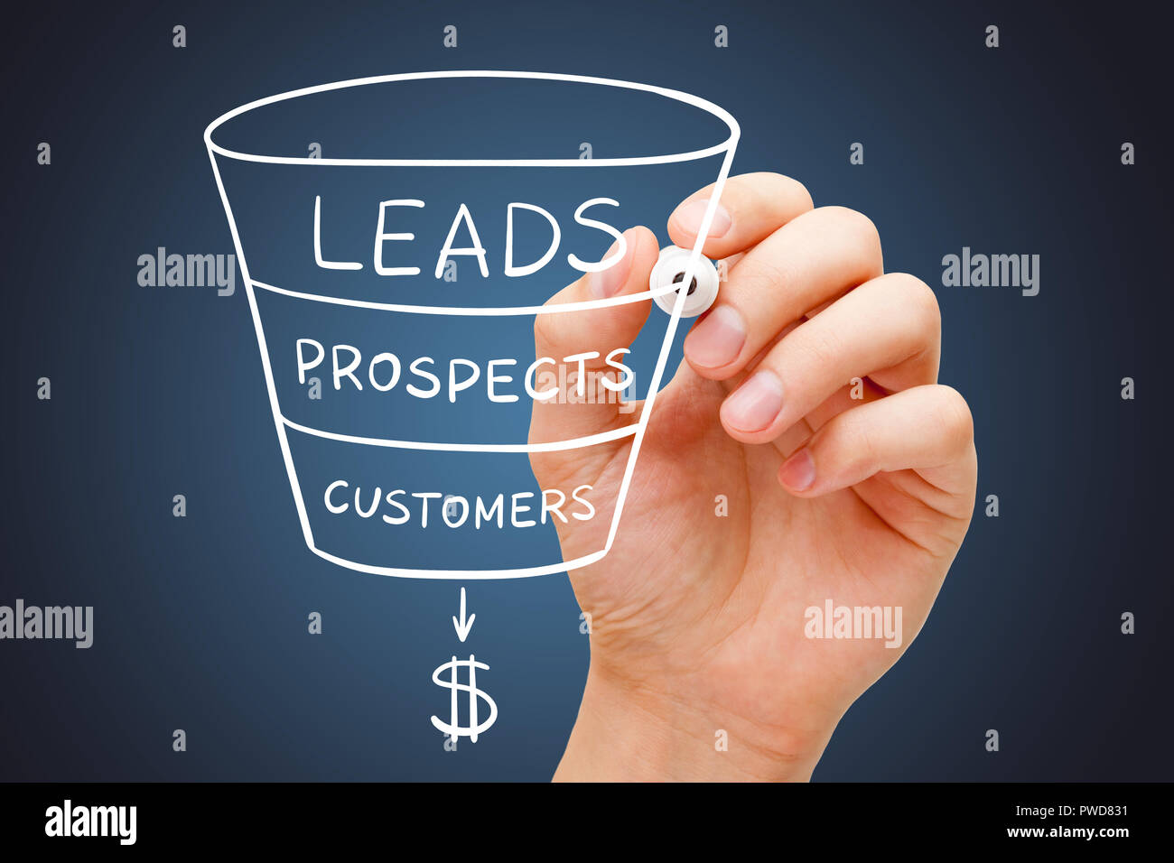 Schizzi a mano le vendite o le entrate imbuto concetto di marketing con indicatore bianco sul panno trasparente stampato. Foto Stock