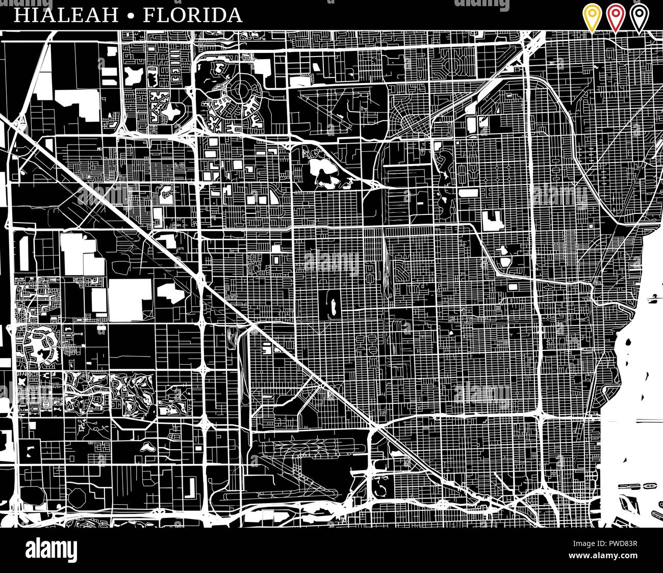 Mappa semplice di Hialeah, Florida, Stati Uniti d'America. Versione in bianco e nero per pulire gli sfondi e le stampe. Questa mappa di Hialeah contiene tre marcatori che sono grou Illustrazione Vettoriale