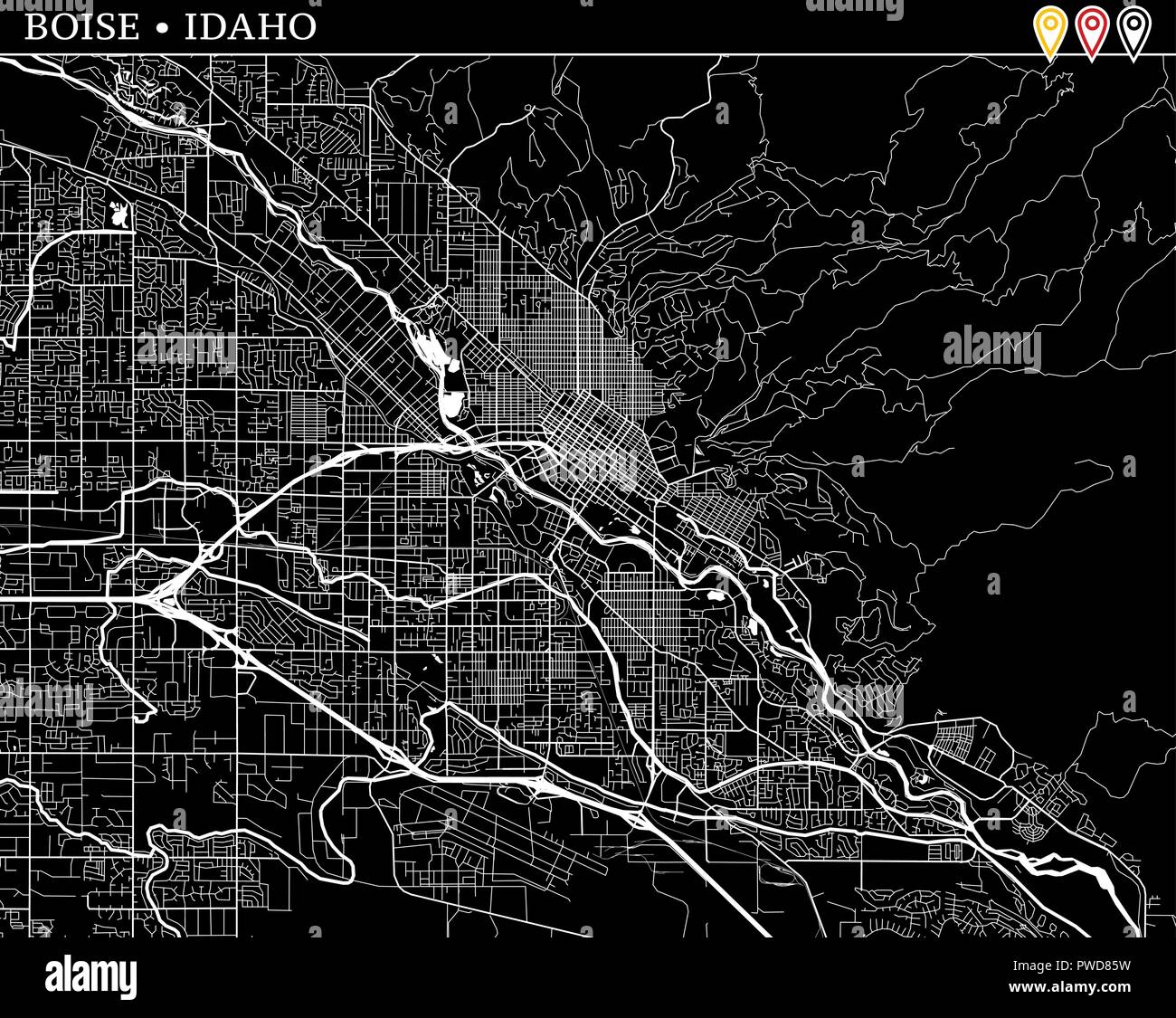 Mappa semplice di Boise, Idaho, Stati Uniti d'America. Versione in bianco e nero per pulire gli sfondi e le stampe. Questa mappa di Boise contiene tre marcatori che vengono raggruppati in un Illustrazione Vettoriale