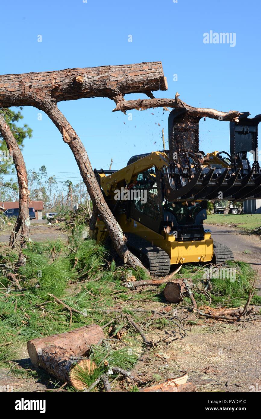 Il personale Sgt. Alex Spano, elettrici artigiano dal 202nd REDHORSE di Camp Blanding, Fla. utilizza una minipala per cancellare un albero caduto bloccando una strada residenziale Lynn Haven, Fla. ott. 13, 2018, 13 ottobre 2018. Uragano Michael lasciato pesanti danni in tutta la città di Panama area e la 202nd è stato invitato per la loro competenza nel percorso di compensazione. (U.S. Air National Guard photo by Staff Sgt. Carlynne DeVine). () Foto Stock Il personale Sgt. Alex Spano, elettrici artigiano dal 202nd REDHORSE di Camp Blanding, Fla. utilizza una minipala per cancellare un albero caduto bloccando una strada residenziale Lynn Haven, Fla. ott. 13, 2018, 13 ottobre 2018. Uragano Michael lasciato pesanti danni in tutta la città di Panama area e la 202nd è stato invitato per la loro competenza nel percorso di compensazione. (U.S. Air National Guard photo by Staff Sgt. Carlynne DeVine). () Foto Stock