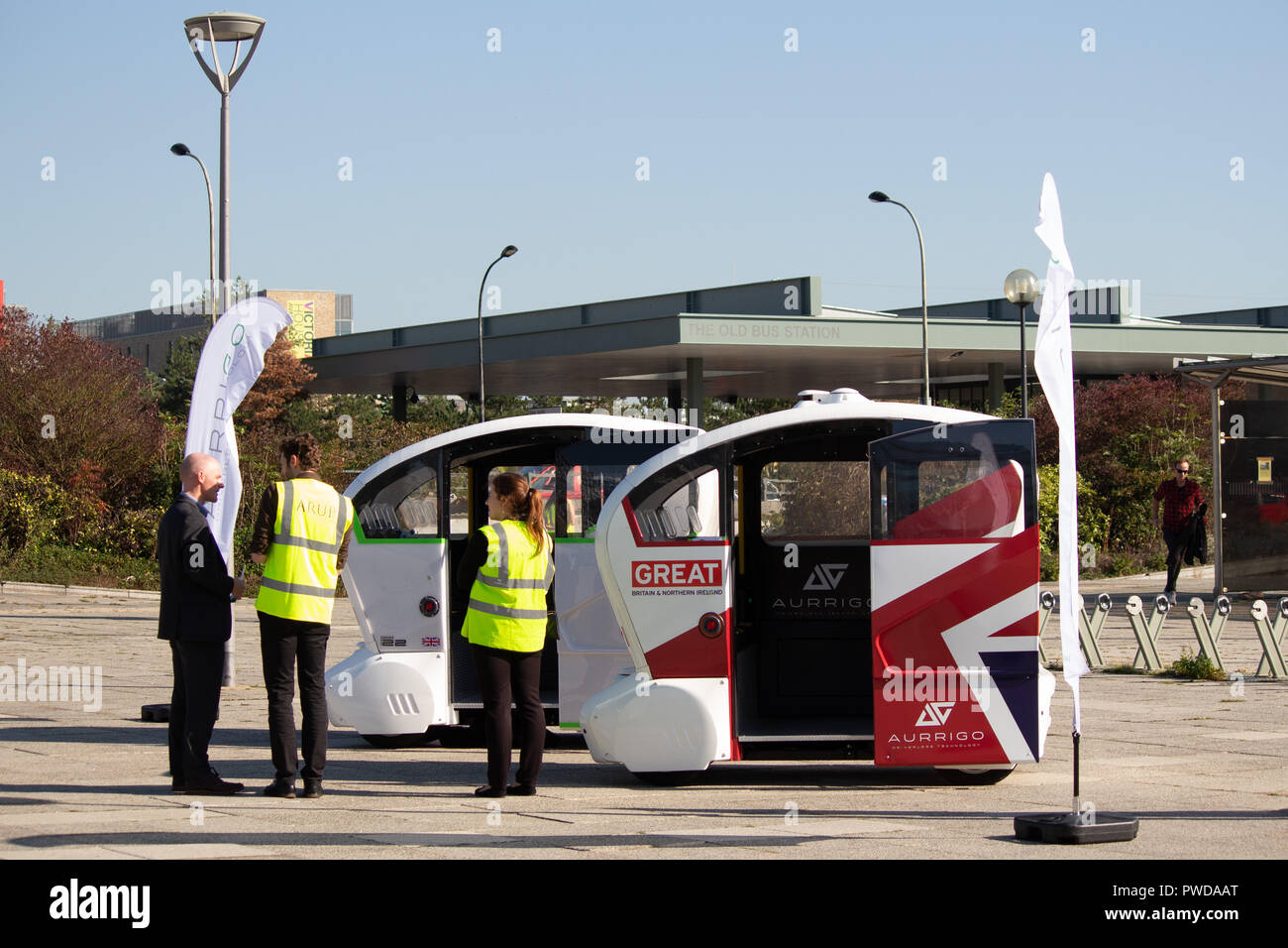 Aurrigo Driverless pod i veicoli sottoposti a Milton Keynes, Inghilterra, Regno Unito. Foto Stock