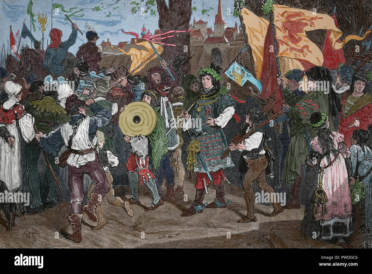 Germania. Medioevo. Tiro al bersaglio. Celebrazione annuale. Engravin dalla Germania, 1882. Foto Stock