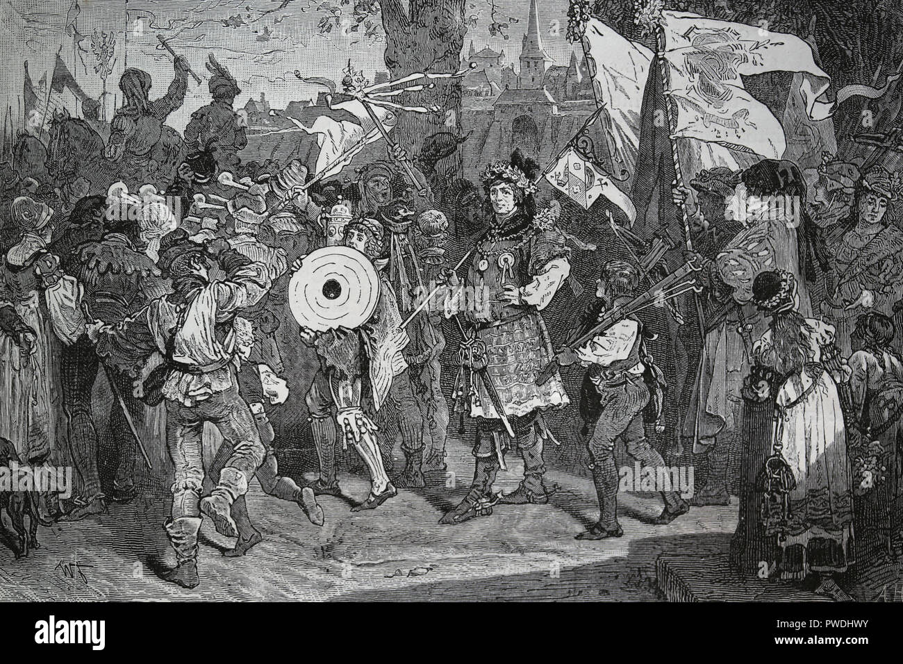 Germania. Medioevo. Tiro al bersaglio. Celebrazione annuale. Engravin dalla Germania, 1882. Foto Stock