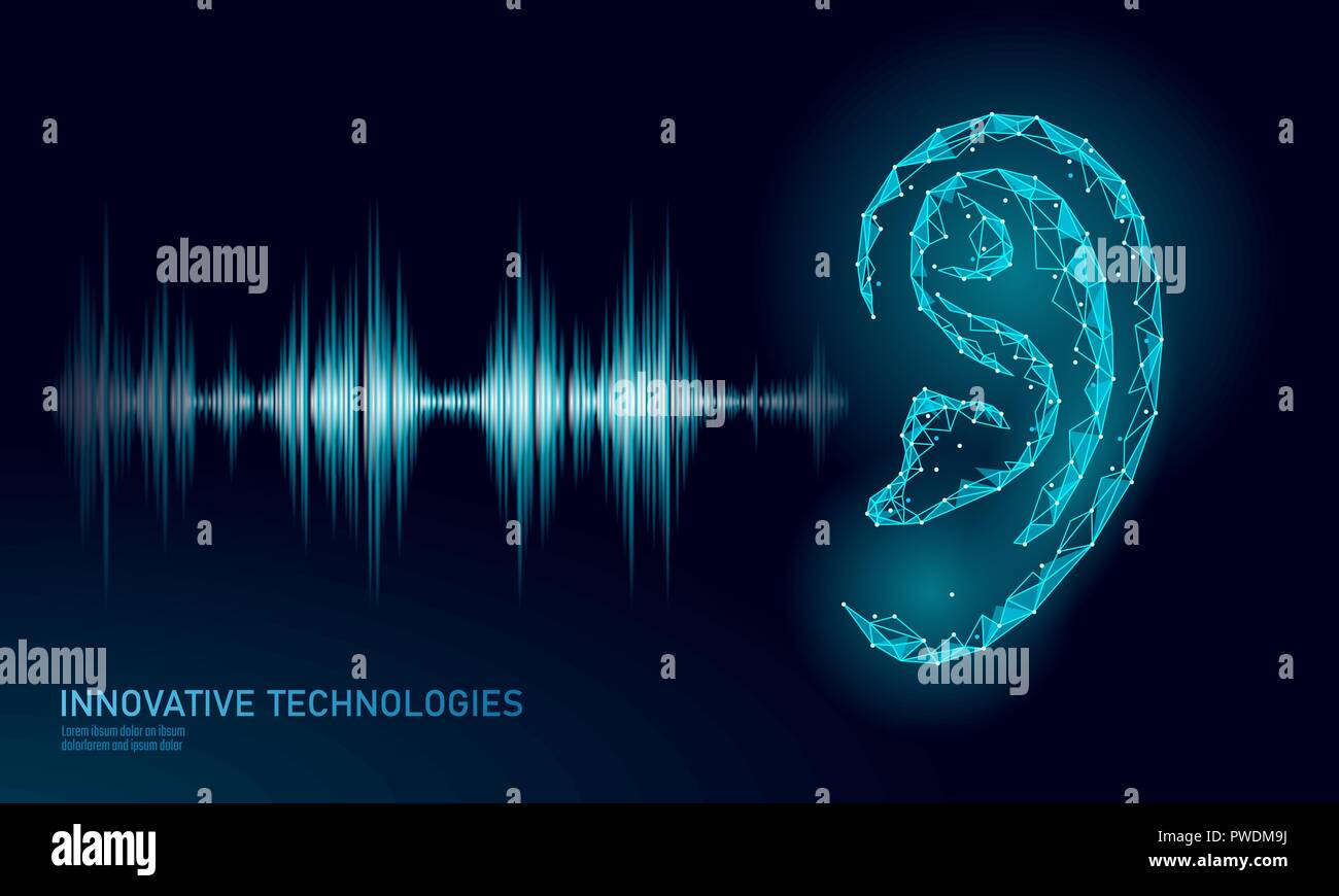 Riconoscimento audio Assistente vocale bassa poli. Wireframe poligonale mesh 3D render orecchio il suono delle onde radio la tecnologia innovativa forma d'onda. Equalizzatore audio digitale computer concetto illustrazione vettoriale Illustrazione Vettoriale