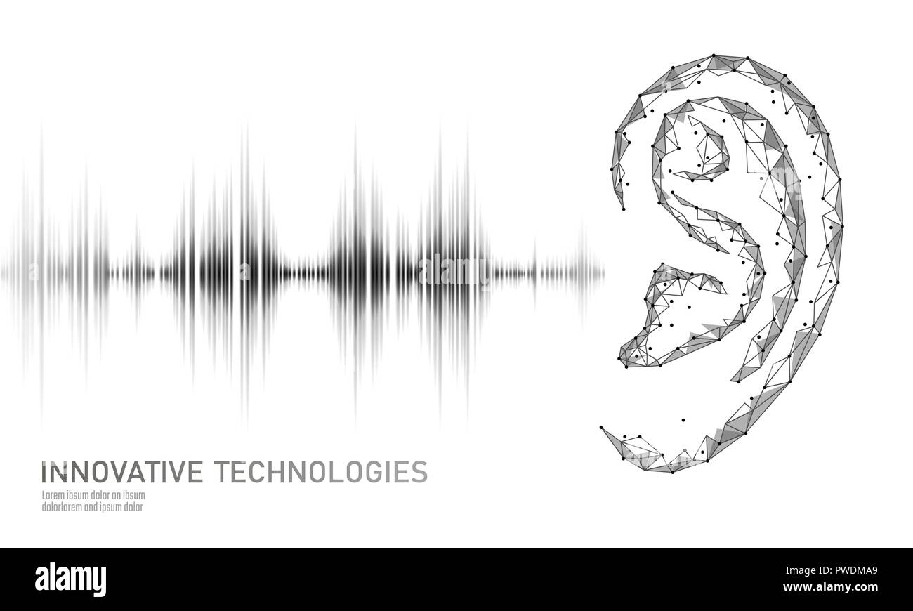 Riconoscimento audio Assistente vocale bassa poli. Wireframe poligonale mesh 3D render orecchio il suono delle onde radio la tecnologia innovativa forma d'onda. Equalizzatore audio digitale computer concetto illustrazione vettoriale Illustrazione Vettoriale